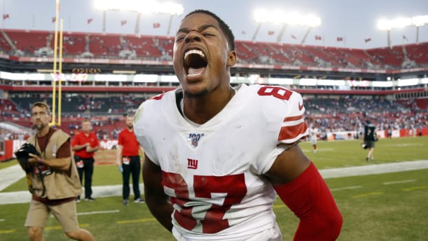 Sep 22, 2019; Tampa, FL, USA; New York Giants wide receiver Sterling Shepard (87) celebrates after defeating the Tampa Bay Buccaneers at Raymond James Stadium.